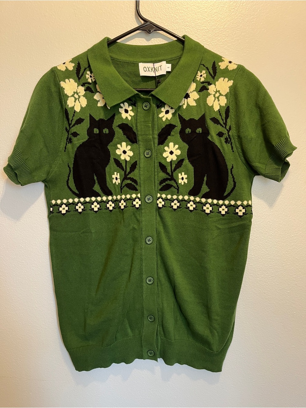 Oxknit Black Cat Green Collared SweaterShirt NWT Small